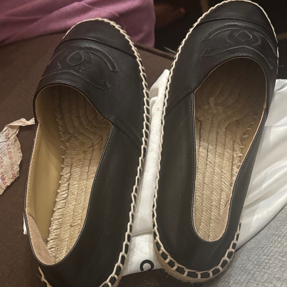 CHANEL Black Leather Espadrilles